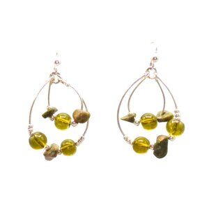 Concentric Ovals Hoop Earrings in Silver Tone and Green with Unakite Jasper Ston